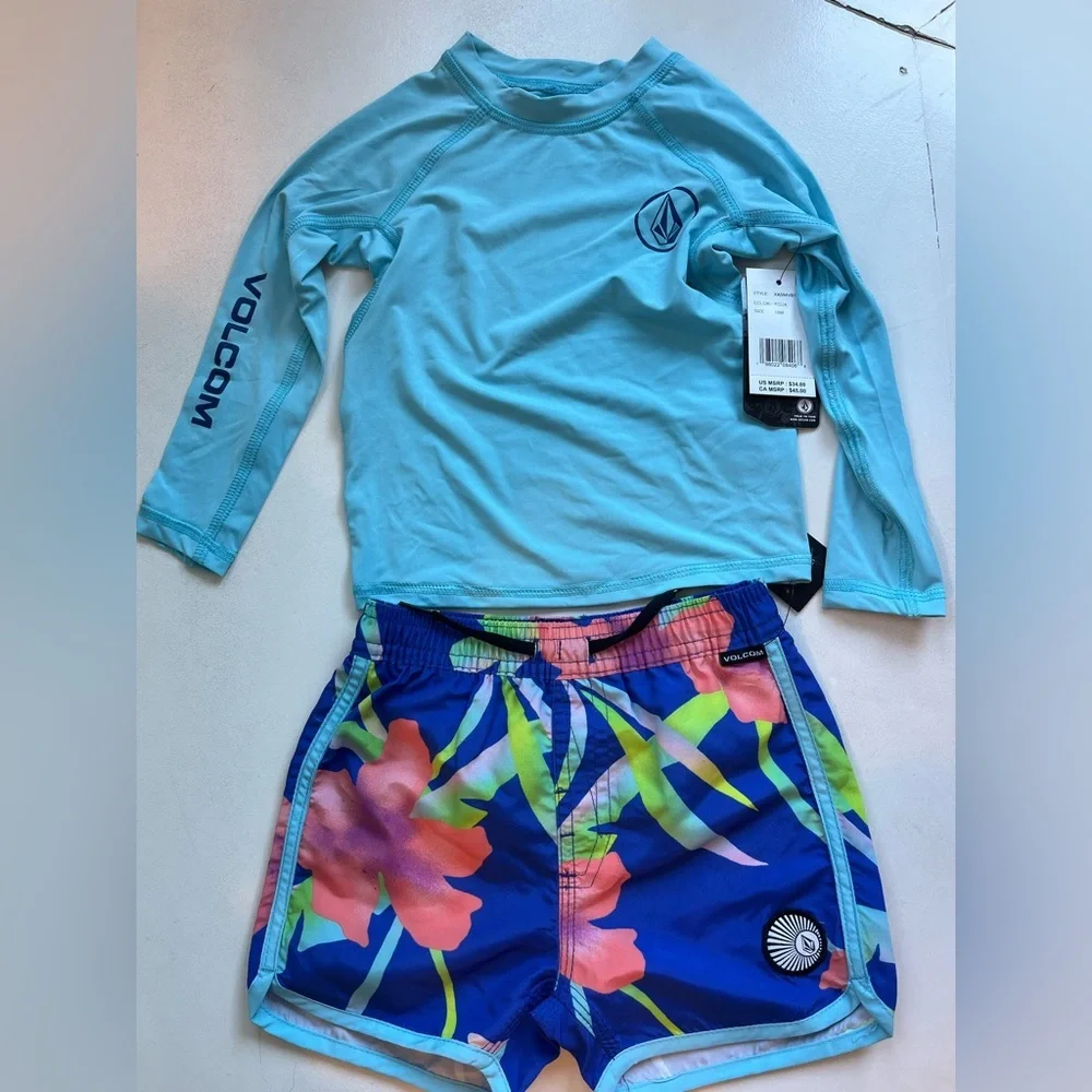 Volcom Kids Swim Rashguard Set - Light Blue and Multicolor